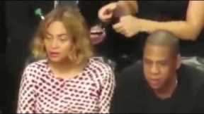 Caption this: Is Beyonce okay? She seems upset at Jay Z during a Basketball game.