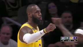 LeBron James shocks the whole arena with a fast break dunk after blocking Harrison Barnes in paint