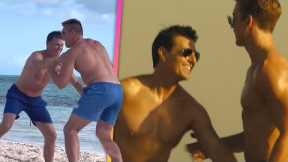Tom Brady and Gronk Channel Top Gun for SHIRTLESS Beach Football!