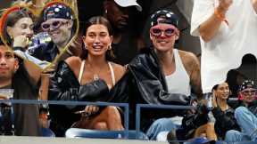 Justin Bieber Funky Pink Sunglasses wife Hailey as they Catch 2023 Open Round Three with A-listers.