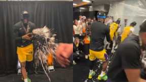 LeBron James spraying champagne in Lakers locker room after winning in-season tournament