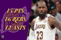 LeBron James 15 pts 16 rebs 12 asts