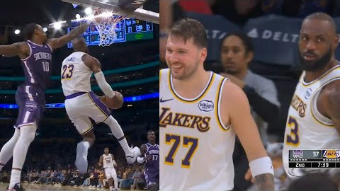 LeBron James reverse dunk then Luka Doncic blocks DeMar DeRozan 🔥
