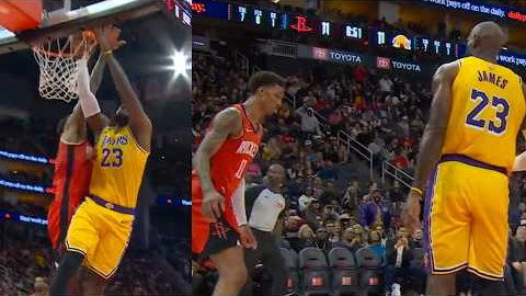 LeBron James dunks over Jabari Smith Jr then stares him down and Jabari nods 😂